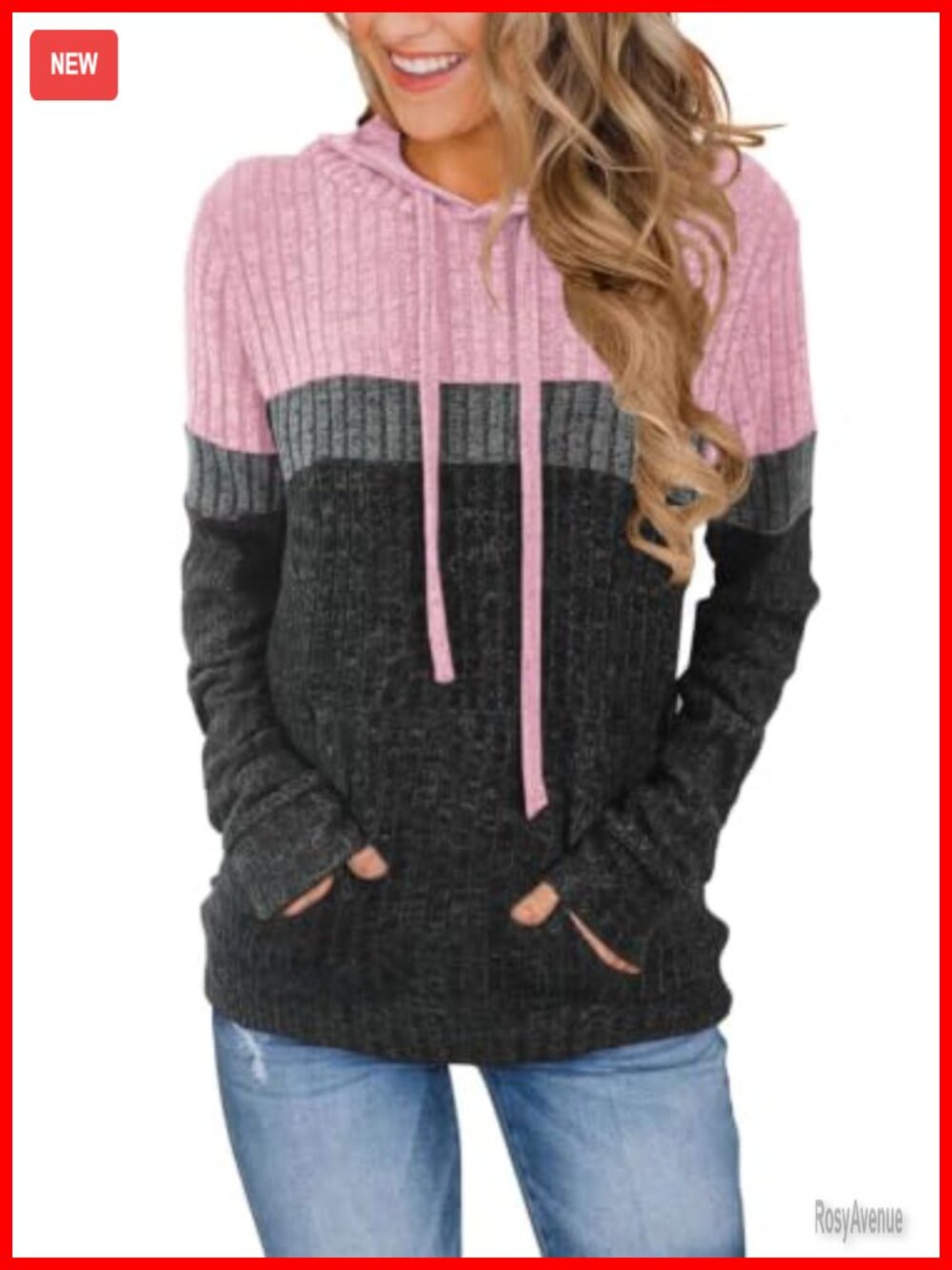 Women's Color Block Knit Hoodie Long Sleeve Pullover Sweater with Pocket